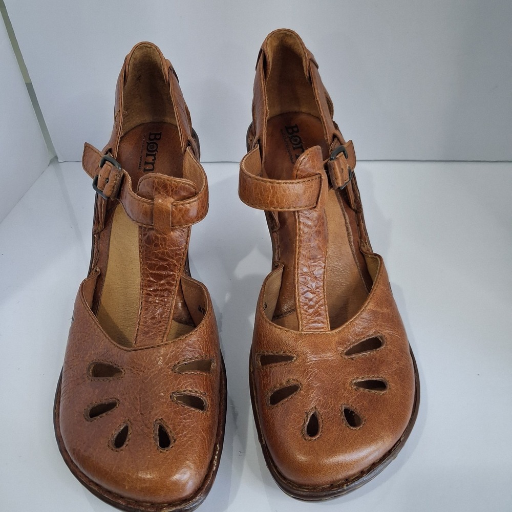 Born Womens Shoes Charisma T Strap Mary Jane Leather Round Toe Tan Heels Sz 9 - Picture 13 of 13